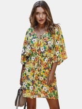 Casual Floral Print V-neck Drawstring Waist Shirt Dress XL Spring Colorful Party