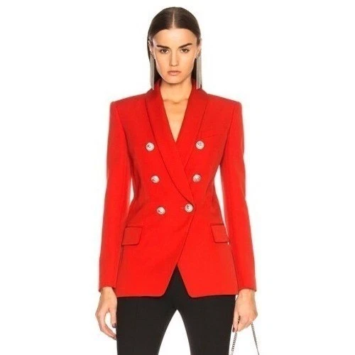 Balmain — Balmain Red Double Breasted Wool Blazer Jacket Silver Lion Buttons FR 40 US 8