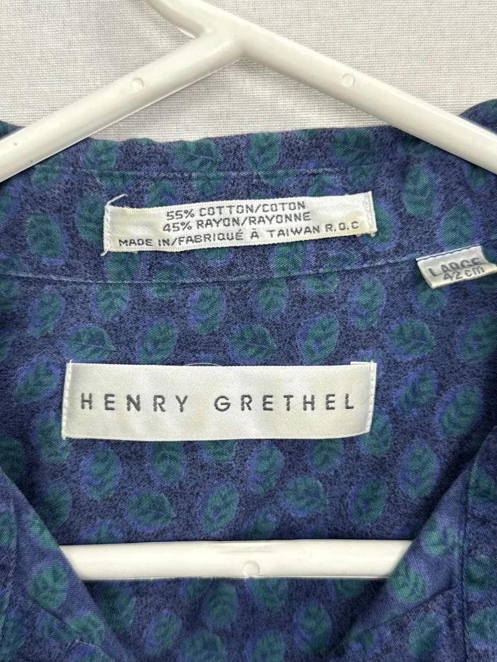 Henry Grethel Shirt Men's L Blue Green Leaf Print Cotton Short Sleeve Button-Up - Image 4 of 4