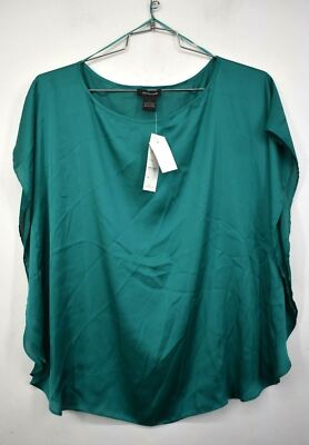Spense Women Green Solid Scoop Neck Kimono Sleeve Career Casual Blouse Top L
