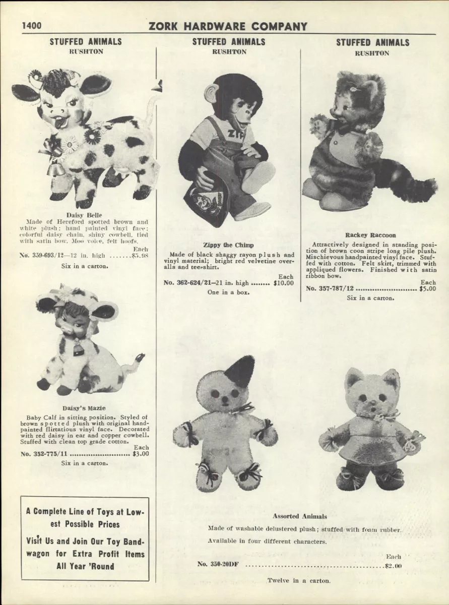 1956 PAPER AD Rushton Stuffed Animal Chimp Lion Daisy Belle Zippy