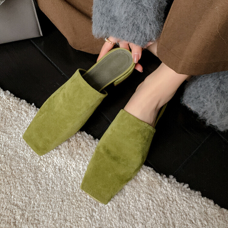 Womens 2024 Fashion Embossed Leather Square Toe Slip On Low Heel