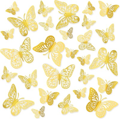 3D Gold Butterflies - 48pcs, 3 Styles & Sizes - Wall & Cake Decor - Gold Room
