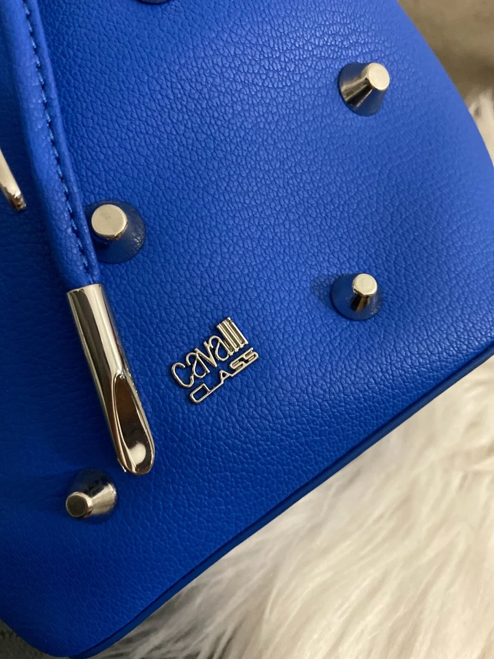 Bolso Roberto Cavalli Class Cuero Azul Cubo Cordón Perla Tachuela Pequeño Nuevo con Etiquetas Foto 3 de 4