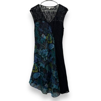 Rachel Roy Black & Blue Floral Lace Sleeveless Asymmetric Midi Dress Sz 8