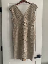 Adrianna Papell 10 Womens Champagne Gold Tiered Ruffles V-Neck Sleeveless Dress