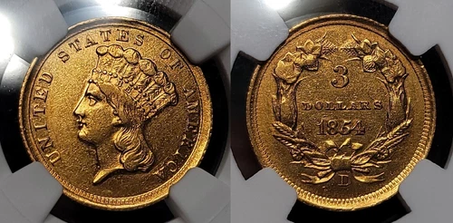 1854 D Three Dollar Gold $3 NGC AU 55 Dahlonega Mint!!