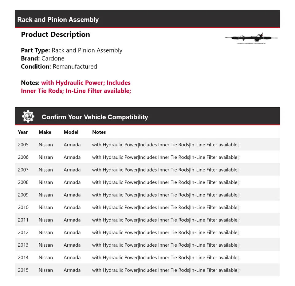 Montaje de piñón y cremallera para Nissan Armada 2005-2015 Cardone 2006 2007 2008 2009 Foto 2 de 4