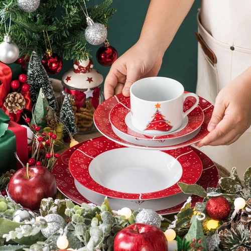 VEWEET Porcelain Christmas Dinnerware Set Round Tableware Set Service for 4/6 - Picture 4 of 25