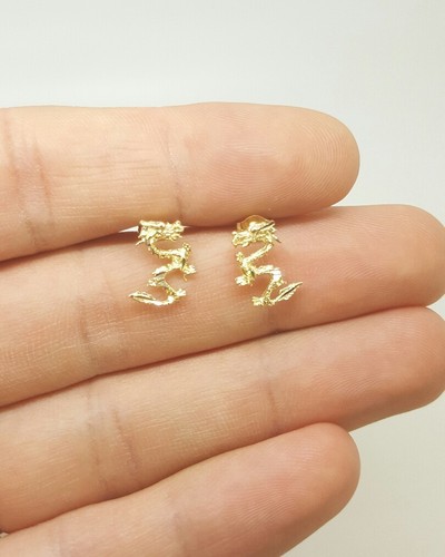 14k Solid Yellow Gold Dragon Stud Earrings Push Back 11MM - Picture 5 of 10