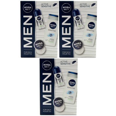 Nivea Men Geschenkset ACTIVE SENSITIVE 3 x Deo Roll On + Duschgel + Nivea Creme