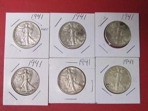 1941 Silver Walking Liberty Half Dollar Lot of 6, Beautiful Coins,  AU or Better