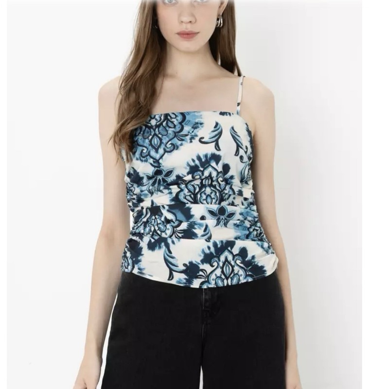 Zara Women Tank Top Shirt Small Cotton Spaghetti Ruched Blue White