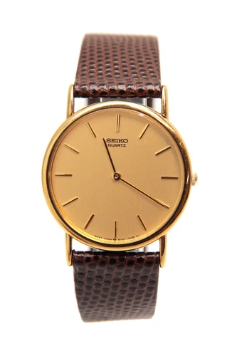 VINTAGE SEIKO NOS 5Y30-7009 32mm Gold Tone Quartz Watch Brown Lizard Band w/ BOX