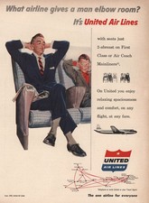 1956 United Airlines: Gives a Man Elbow Room Vintage Print Ad