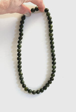 Vintage Mossy Green Nephrite Jade Gemstone Beaded Necklace w/Sterling Clasp