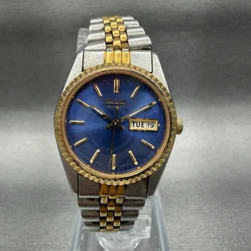 Seiko Watch Women 24mm Blue Dial Two Tone Daydate Round 7N83-0049 New Batt AB32