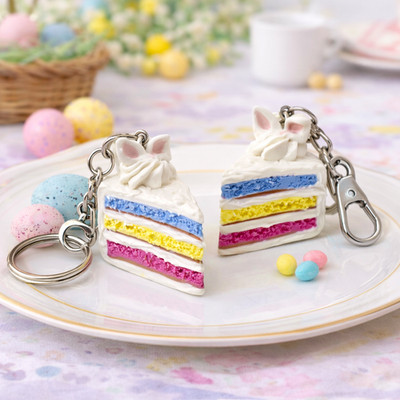 Easter Bunny Rainbow Cake Keychain or Bag Clip | Handmade | Easter Basket Gift
