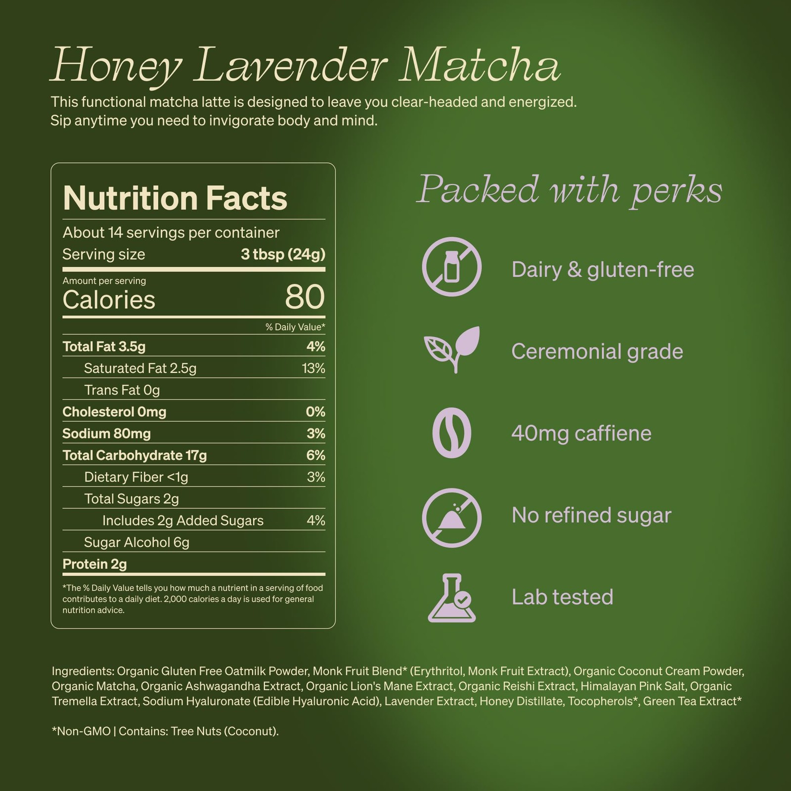 Organic Honey Lavender Matcha Latte Superfood Blend with Oat Milk 12oz