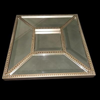 10'' Square Mirrored Wall Decor Beaded Trim Silver Accent Modern Elegant
