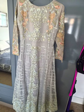 Women?s Grey Embroidered Net Salwar Kameez Suit with Dupatta Size S Pakistan