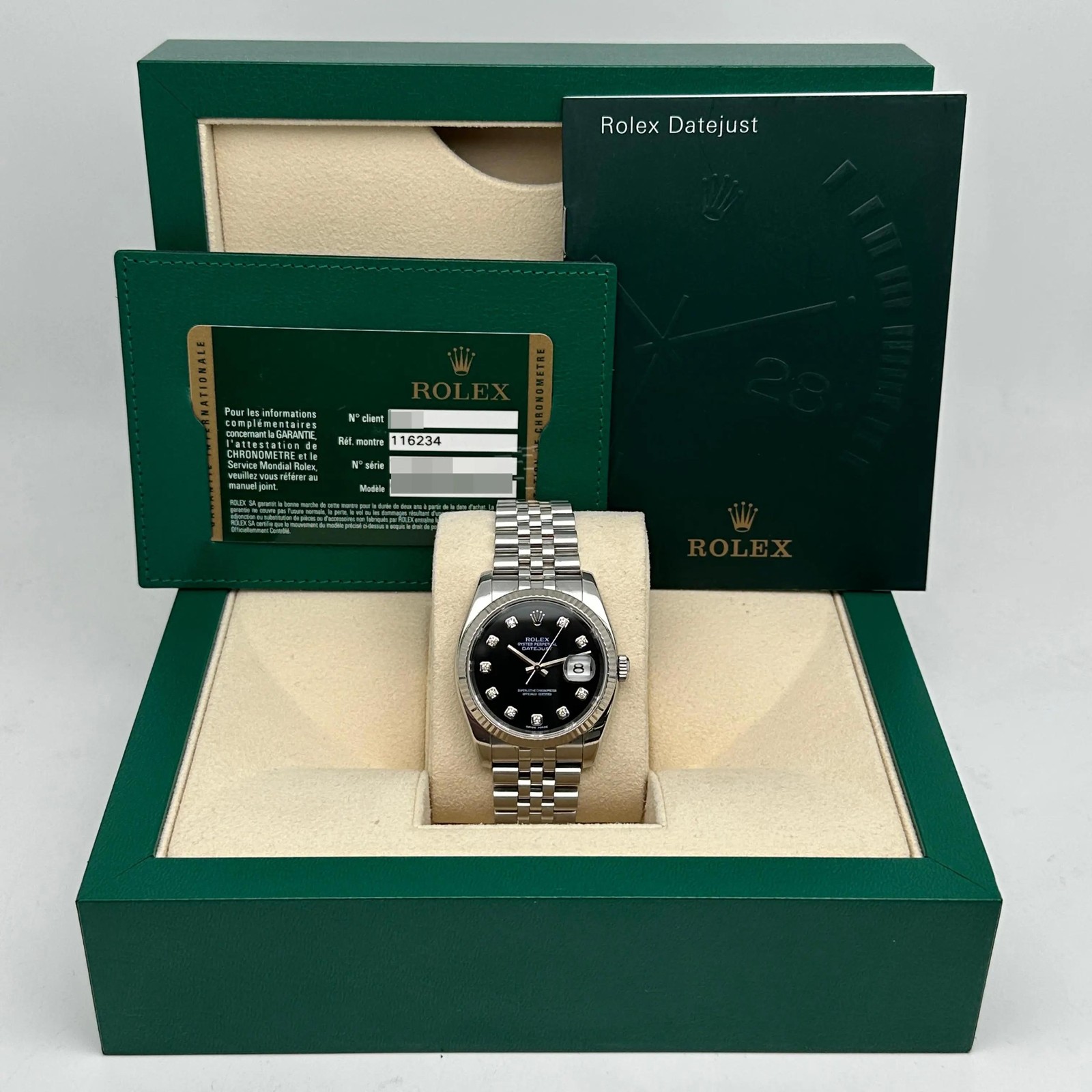 Rolex Datejust 116234 36mm 18K White Gold Steel Black Diamond Dial Watch