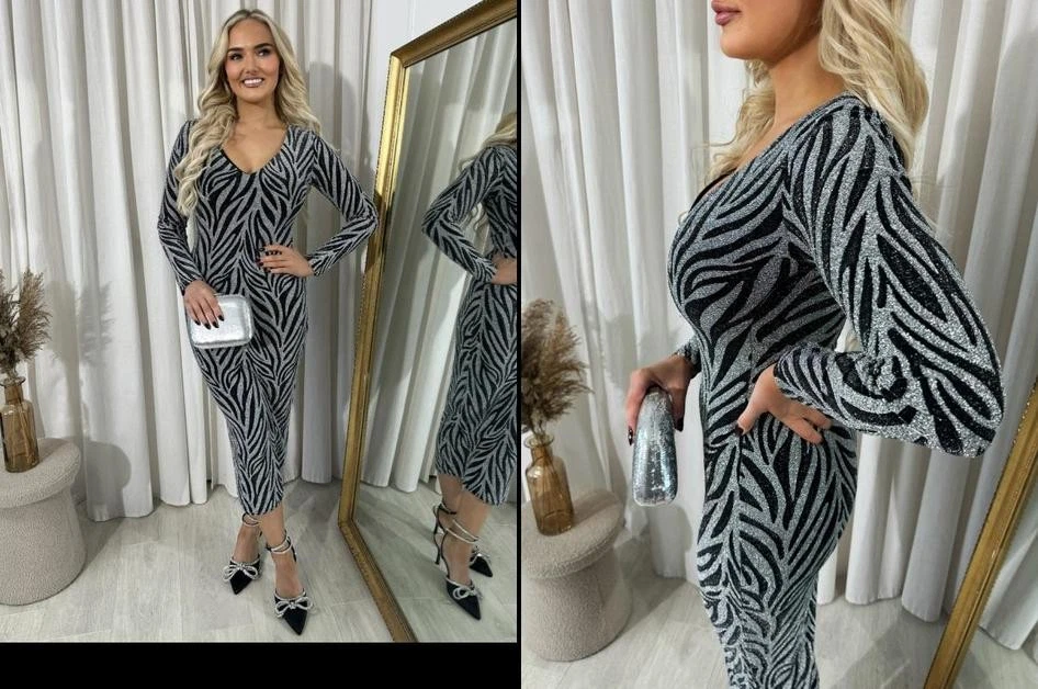 Vestido midi iKrush cuello en V manga larga brillo ceñido al cuerpo hasta la mitad de la pantorrilla cuello en V Foto 2 de 2