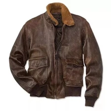 Aviator Navy G-1 Flight Jacket Distressed Brown Bomber Real Leather Jacket Mens