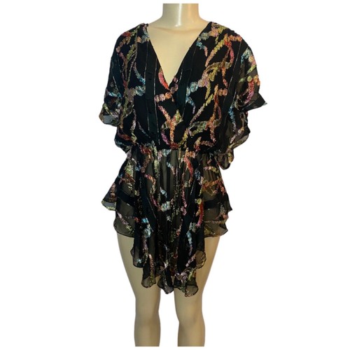 PATRA Y2K Vintage Chiffon Metallic Black Multicolor Blouse One Size Flare Sleeve