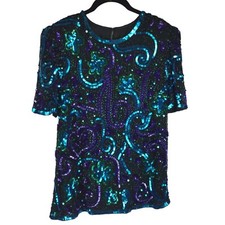 80s Womens Size M Sequin Embroidered Top Evening Pullover Blouse 37" Bust
