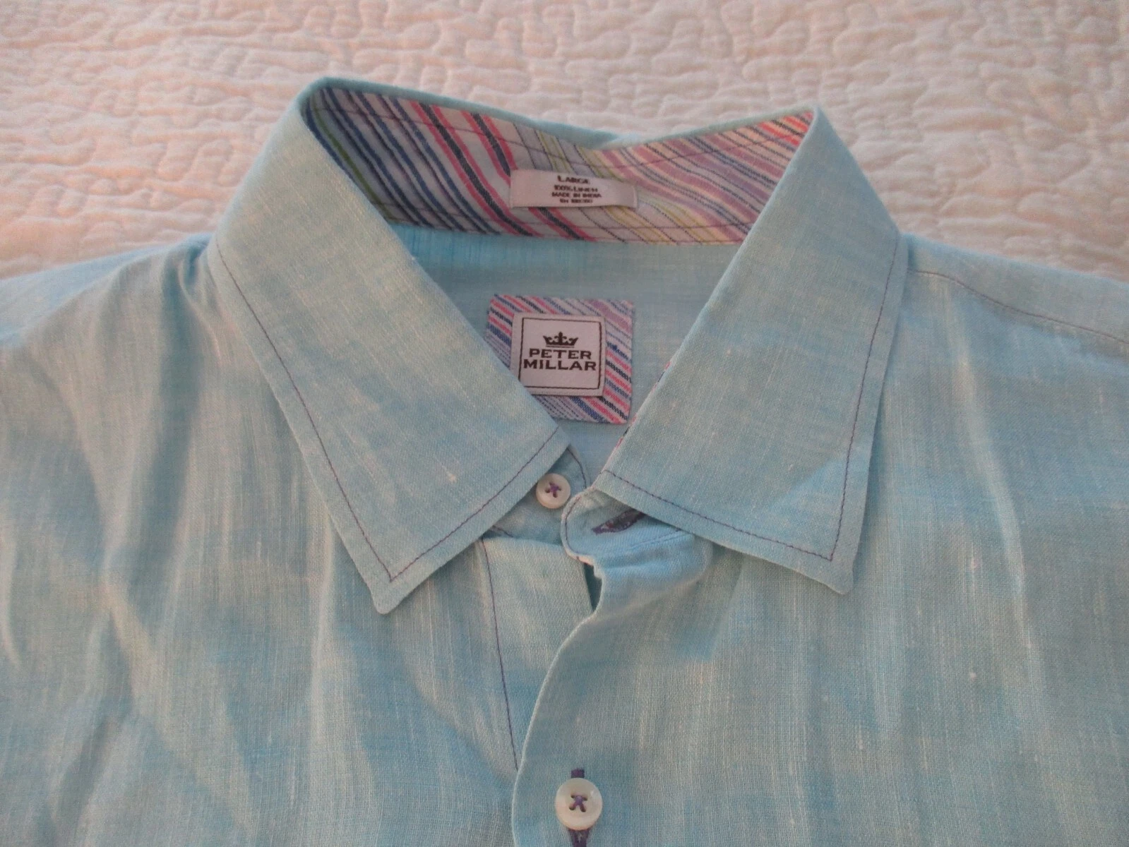 Peter Millar 100% Linen Button Up Short Sleeve Shirt Size Large Light Blue