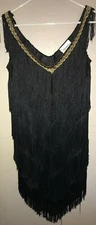 womens medium NEW NWOT BLACK CAN CAN FLAPPER GIRL DRESS fringes gold trim SUPER 