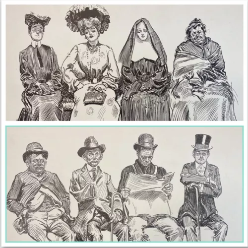 Gibson Girls Print Antique Art Sketch 11”x17” BROTHERS ~ SISTERS Set Of 2 People