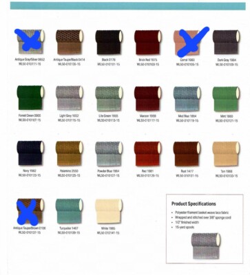 cloth automotive windlace. 18 colors,  22 feet, 2 door car
