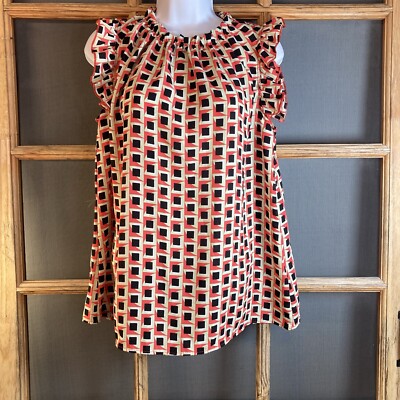 Ces Femme Women's Size 1XL Orange Black Geometric Top, Made in USA Sleeveless