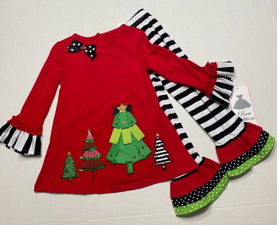Rare Editions Red and Black Stripe Christmas Tree Legging Set Little Girls 