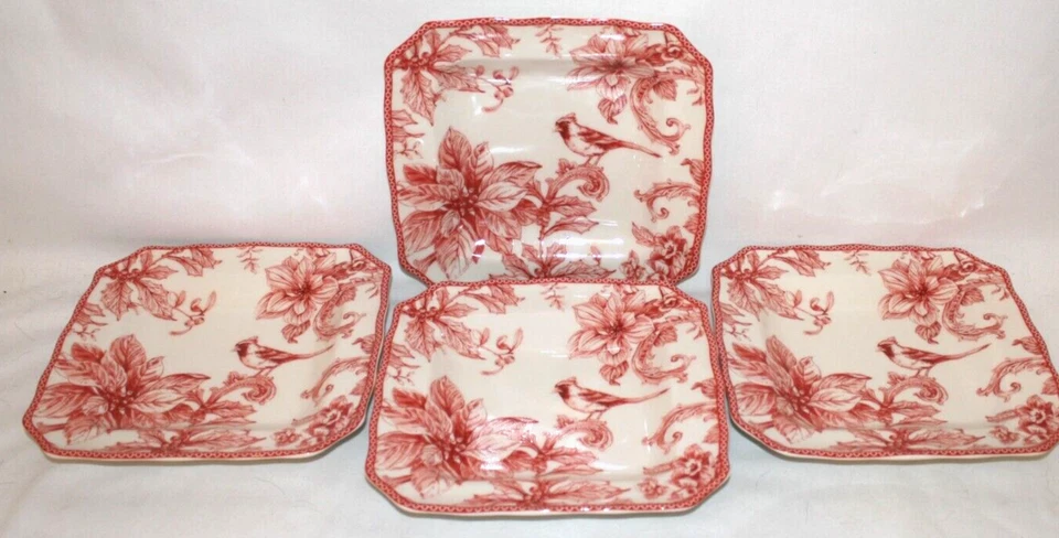 222 Christmas Lane Porcelain 8 1/2" Salad Plates Set of 4 Cardinal Red Bird New - Image 3 of 3