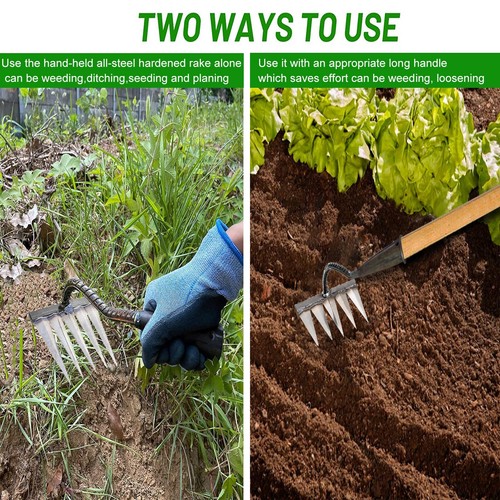 Heavy-Duty Garden Rake 5 Metal Tines Steel Hand Rake for Weeding & Loosening - Picture 3 of 6