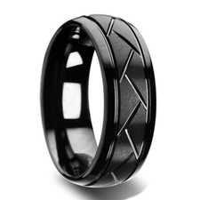 Zense - Men's Glossy Black Ring with Grooves ZR0177