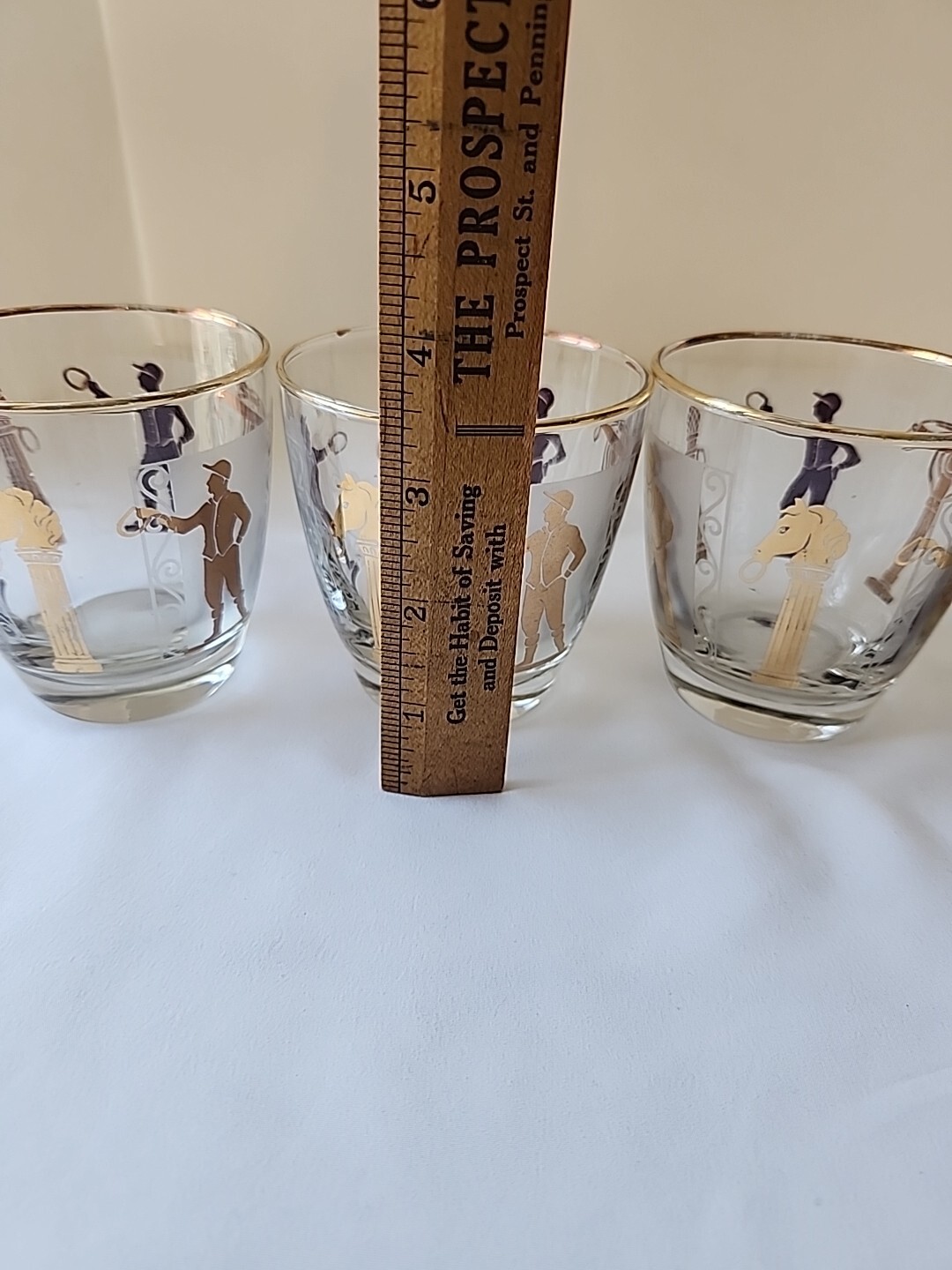 Equestrian Horse Jockey Gold Double Old Fashion Cocktail Barware 4 Glass Set