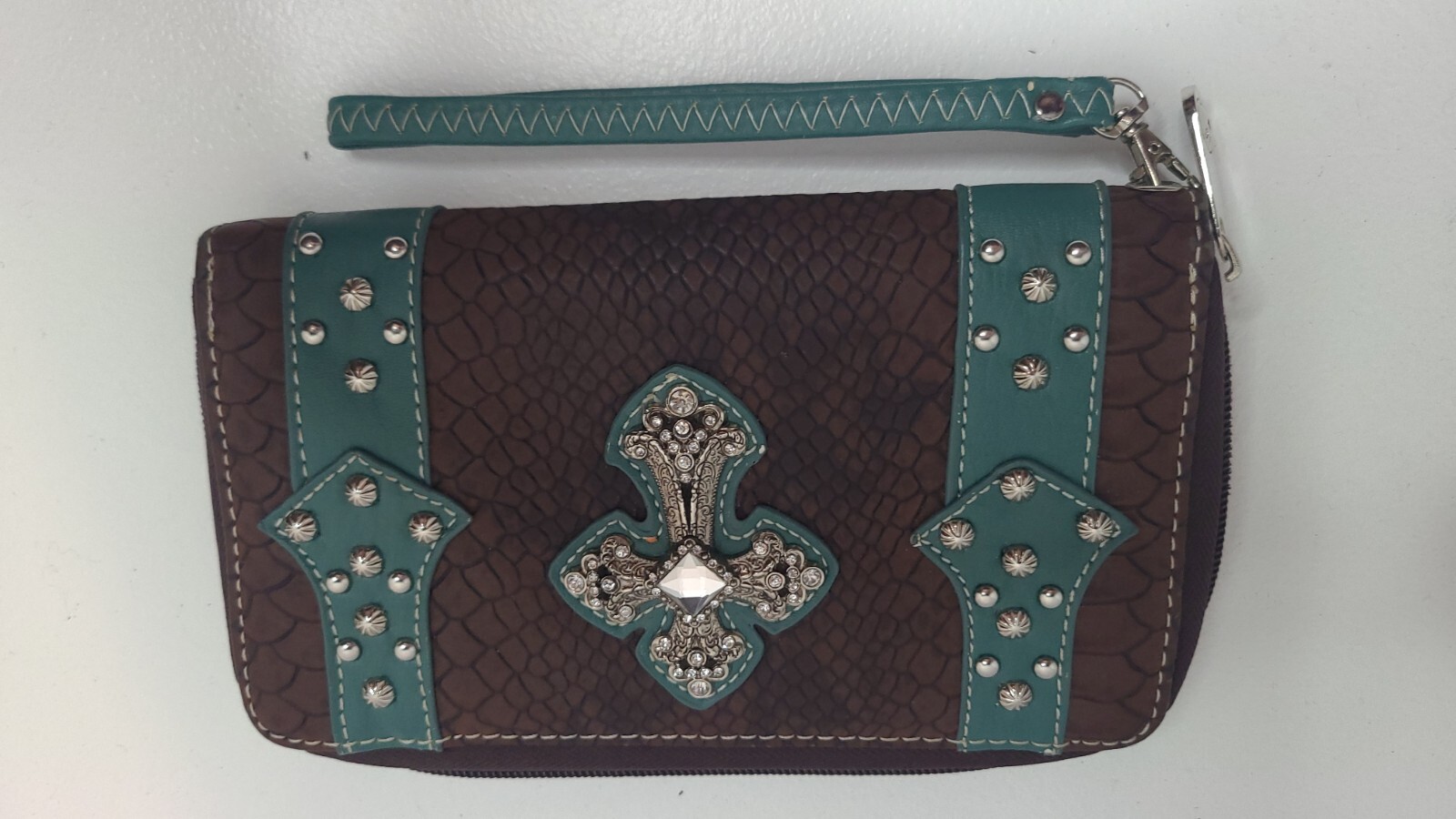 Western Turquoise Brown Rhinestone Crossbody Wallet Wristlet by P&G