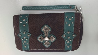 P&G Collection Western Rhinestone Wallet Wristlet Turquoise Brown Cross