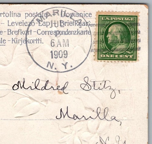 Marilla New York NY 1909 Type A 4 Bar Cancel Postmark Birthday Postcard Cover - Bild 1 von 5