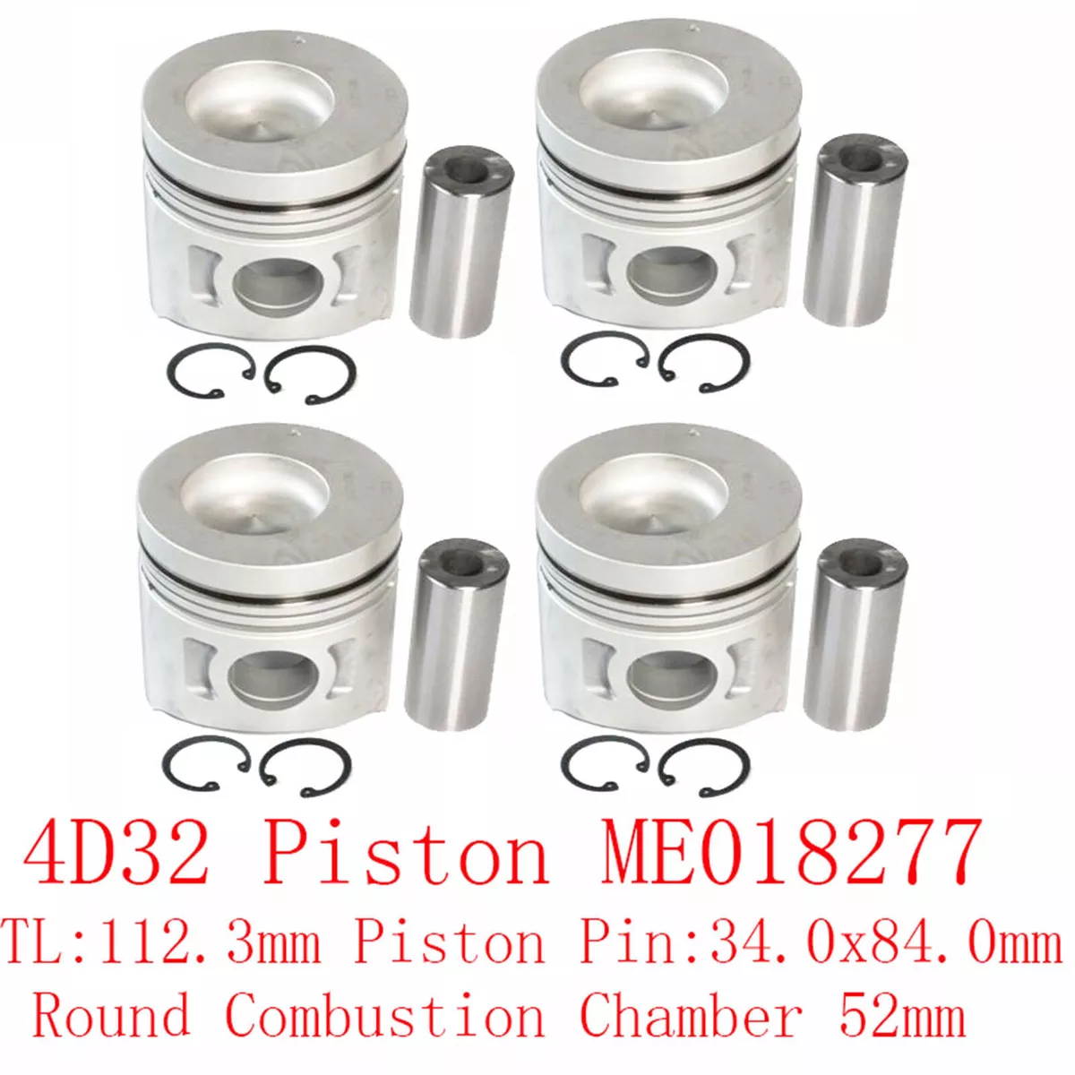 4x Piston&Pin&Clip ME018277 TL:112.3mm for Mitsubishi 4D32 3.6L 