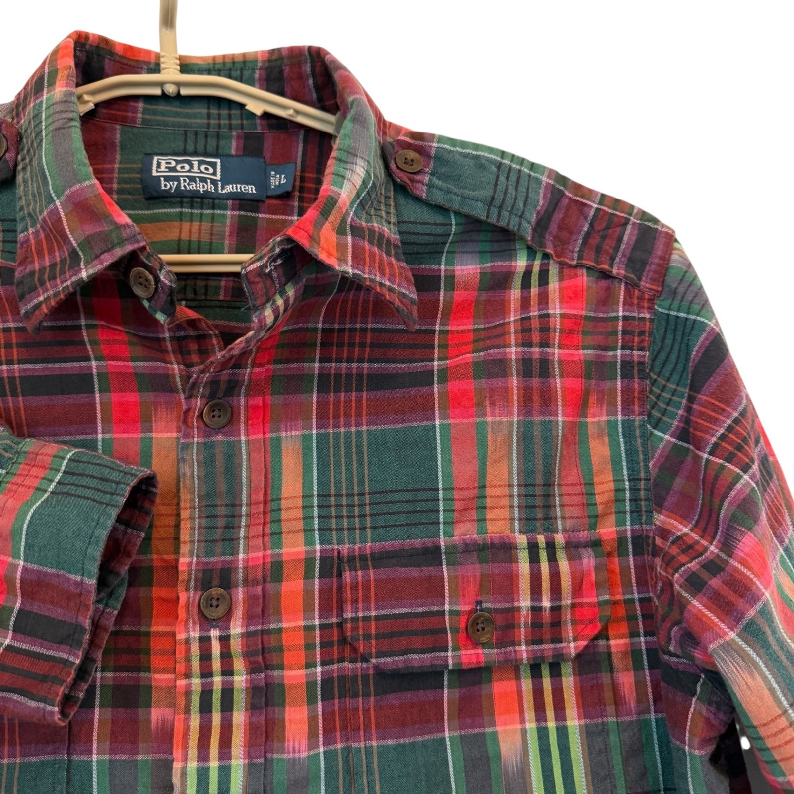 Polo Ralph Lauren Shirt Men Plaid Epaulette Military Long Sleeve Large VTG