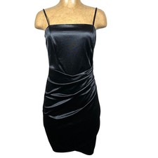 Black Satin Ruched Bodycon Mini Dress NWT Size M Fitted Spaghetti Formal Wedding