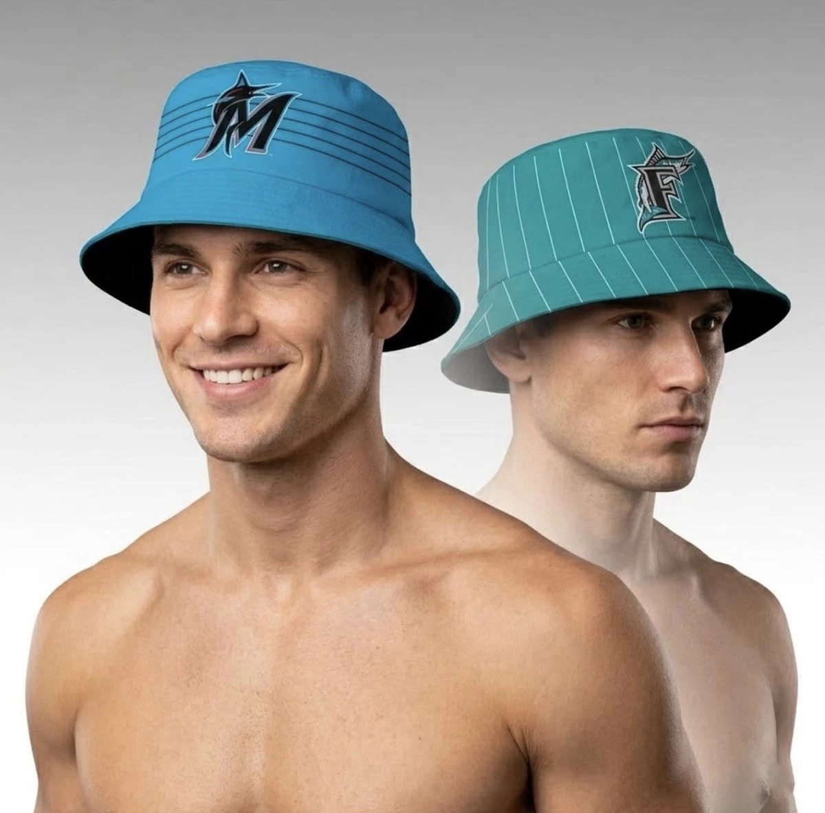 Miami Marlins Reversible Bucket Hat Teal Blue Pinstripe MLB Fish