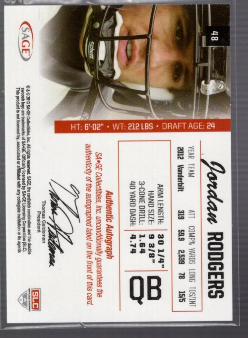 B3565- 2013 SAGE Autographs Green #48 Jordan Rodgers Auto /50 - NM-MT - Image 2 of 2