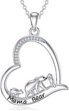 Mama Bear Cubs Necklace Gifts for Women Mom 925 Sterling Silver Heart Pendant