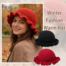 Women's Elegance Hand Crochet Ruffled Knit Hat Fall Winter Warm Bucket Hats